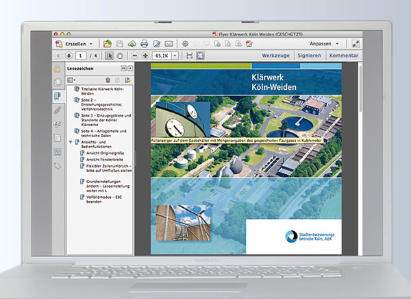 Erstellung barrierefreier PDFs: Ein Latop mit einem barrierefreien PDF mit Lesezeichen und dem Alterntaivtext für ein Bild.