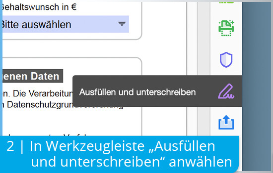 Digitale Signatur mit Adobe Acrobat: 2 | Anklicken des Werkzeugs „Ausfüllen und Unterschreiben“