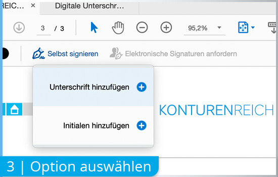 Digitale Signatur mit Adobe Acrobat: 3 | Auswählen der Optione „Unterschrift ....“ oder „Initialen hinzufügen“