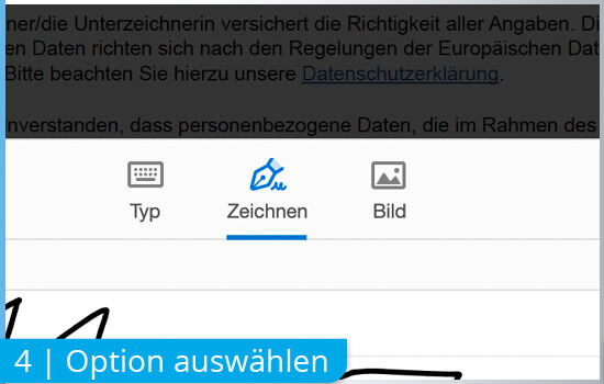 Digitale Signatur mit Adobe Acrobat: 4 | Eine der drei Optionen auswählen: Eintippen per Tastatur, zeichnen mit Maus oder Bild der Sigangtur einfügen