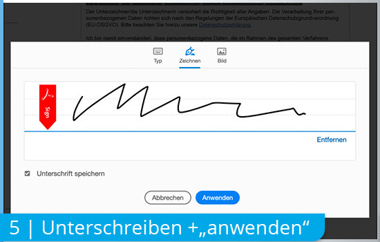 Digitale Signatur mit Adobe Acrobat: 5 | „Anwenden“ anklicken und damit die Digitale Signatur ausführen