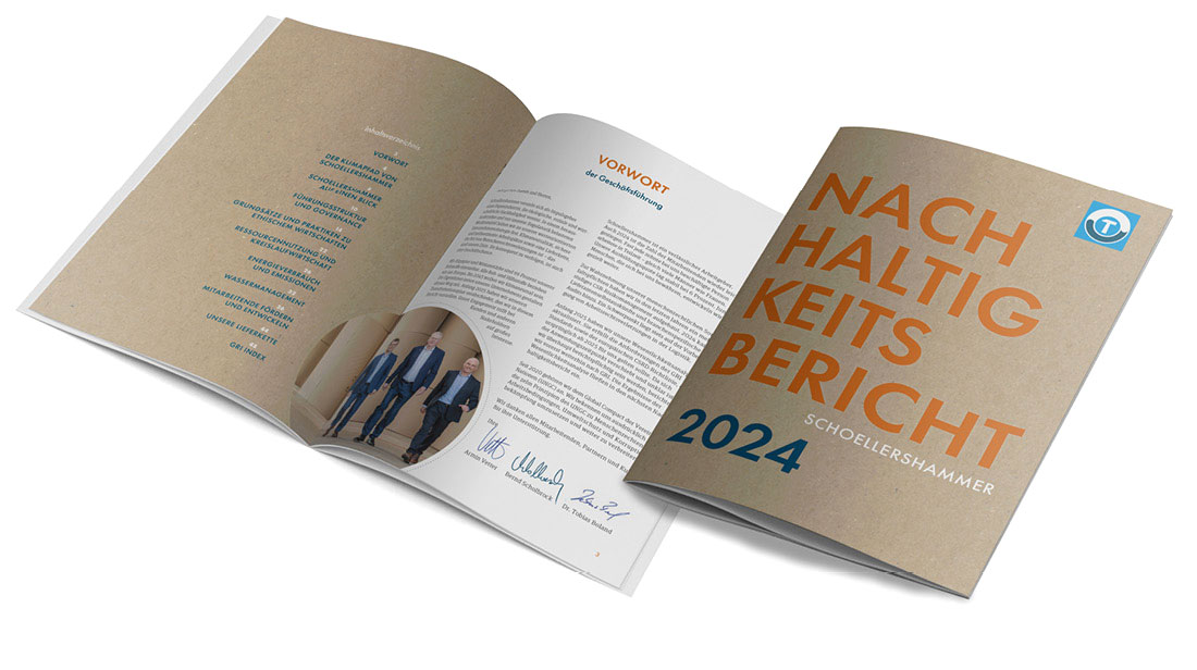 Cover, Inhaltsverzeichnis, Aufmacherseite und Vorwort eines Nachhaltigkeitsberichts (CSR). Die Gestaltung des Covers ist rein typographisch gehalten. Auf der Innenseite des Vorworts, ist ein Bild in Kreisform mit den drei Geschäftsführern.